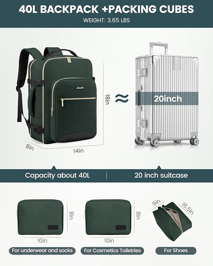 LOVEVOOK 40L Travel Backpack Flight Approved Carry on Backpack,3 Packing Cubes,Waterproof Personal Item Travel Bag,TSA Carry on Luggage Suitcase Travel Essentials,Gifts for Women & Men,fits 17" Laptop