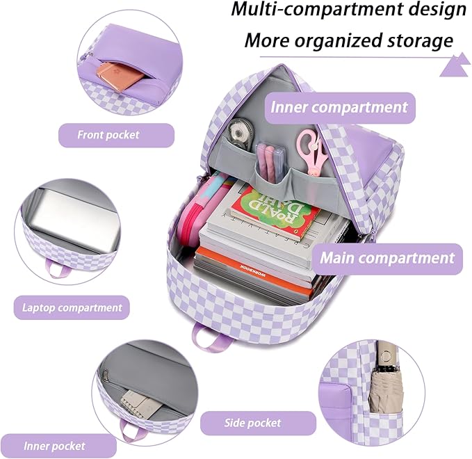 mezhsa Boy School Backpack Elementary Middle Lightning Bookbag Laptop Teenager Waterproof Lightweight 17 Inches (6Purple Square)