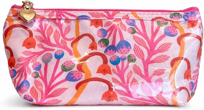 Jacaranda Living Extra Small Cosmetic Bag – Splash-Proof Travel Makeup Pouch with PVC Lining, Compact Bridal & Bridesmaid Toiletry Bag, Easy-Clean Cosmetic Case – Strawberry Vine