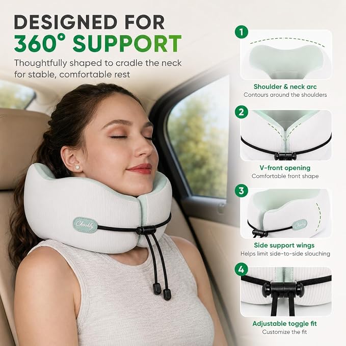 Memory Foam Travel Neck Pillow for Airplane Travel, Head and Chin Support, Adjustable Strap, Washable Cover, Carry Case