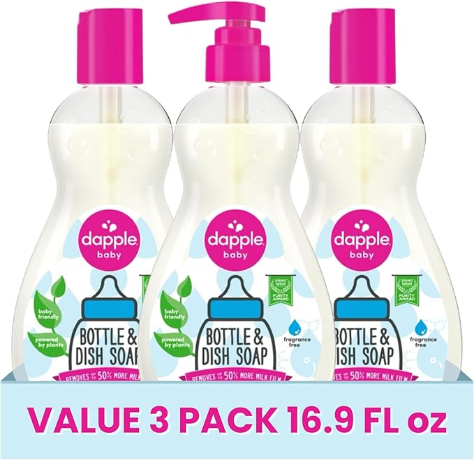 Dapple Baby Fragrance Free Bottle & Dish Soap - (3 Pack) 16.9 fl oz - Cleans Baby Bottles, Sippy Cups, Pacifiers, Breast Pumps, & More - Gently Removes Milk Film & Odors - Includes 1 Pump
