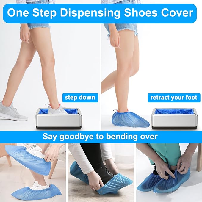 Shoe Covers Dispenser with 200pcs Disposable Shoe Covers Non Slip, Automatic Shoe Cover Machine,Fits Size Up to 11 US Men, for Home, Office, Factory, Supermarket, Silver