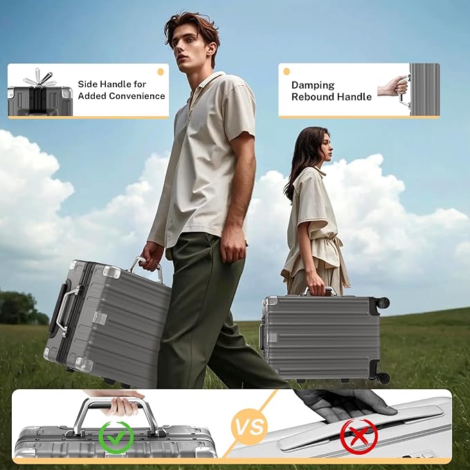 Krute Carry On Luggage 20 inch Aluminum Frame Luggage with Spinner Wheels Hardshell No Zipper PC+ABS TSA Lock Zipperless Suitcases Gray