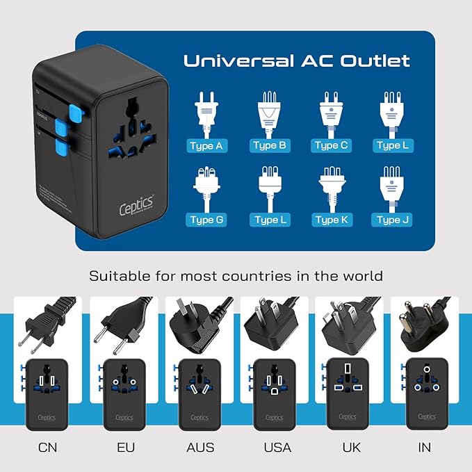 Ceptics 6 in 1 International Power Adapter with PD 140W USB-C, 1x USB-A, 3X Type C, Universal Input and 1x USA/JP Input with Type A, C, G, I Plug outlets for Global Travel – CE & RoHS Certified