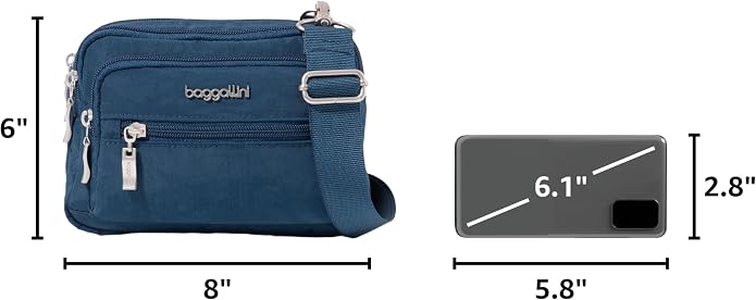 Baggallini Triple Zip Small Crossbody Bag for Women - Lightweight Convertible Fanny Pack Belt Bag