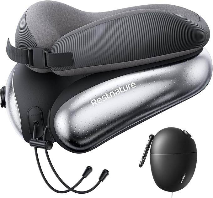 Neck Pillow for Traveling, Travel Pillows for Airplanes, Adjustable Neck Pillow Airplane Travel Essentials - 2 Layer Patented | Inflatable Air Loop & Memory Foam for 360° Ergonomic Support