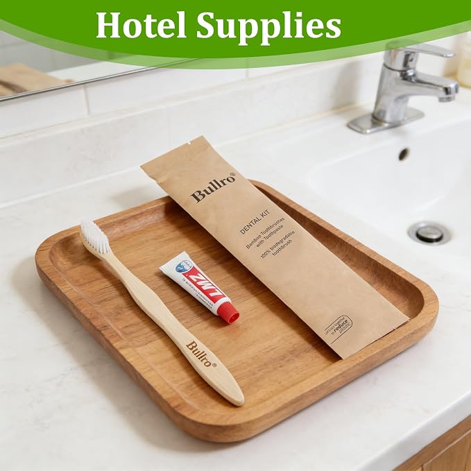 Bamboo Disposable Toothbrush Kit (100 Pack) with 6g Toothpaste - 100% Natural Biodegradable - Individually Wrapped Disposable Amenities for Hotel, Airbnb, Travel, Camping, Homeless & Guest Use