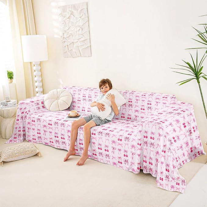 Erosebridal Light Pink Cherry Bow Non Slip Covers Sofa Covers for 3 Cushion Cute Ribbon Bowknot Dog Pet Couch Protector Princess Bow Tie Washable Anti-Slip Couch Cover Kawaii Sofa Cover,91" x 118"