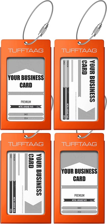Luggage Tags Business Card Holder by TUFFTAAG - Durable Travel ID Bag Tag, Amber, 4 Pack