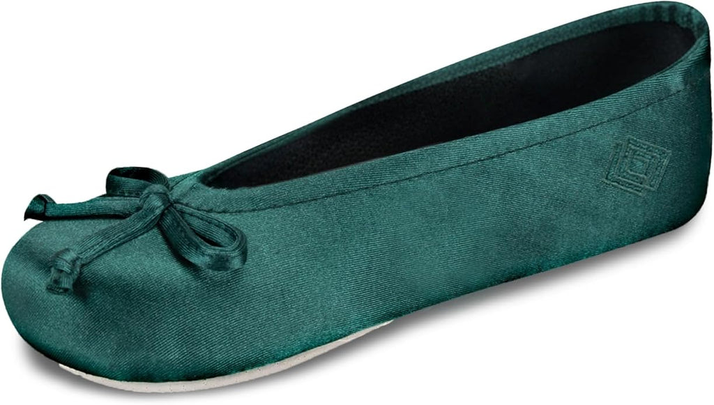 Isotoner Women's Satin Ballerina Slippers with Classic Ribbon Bow and Suede Sole