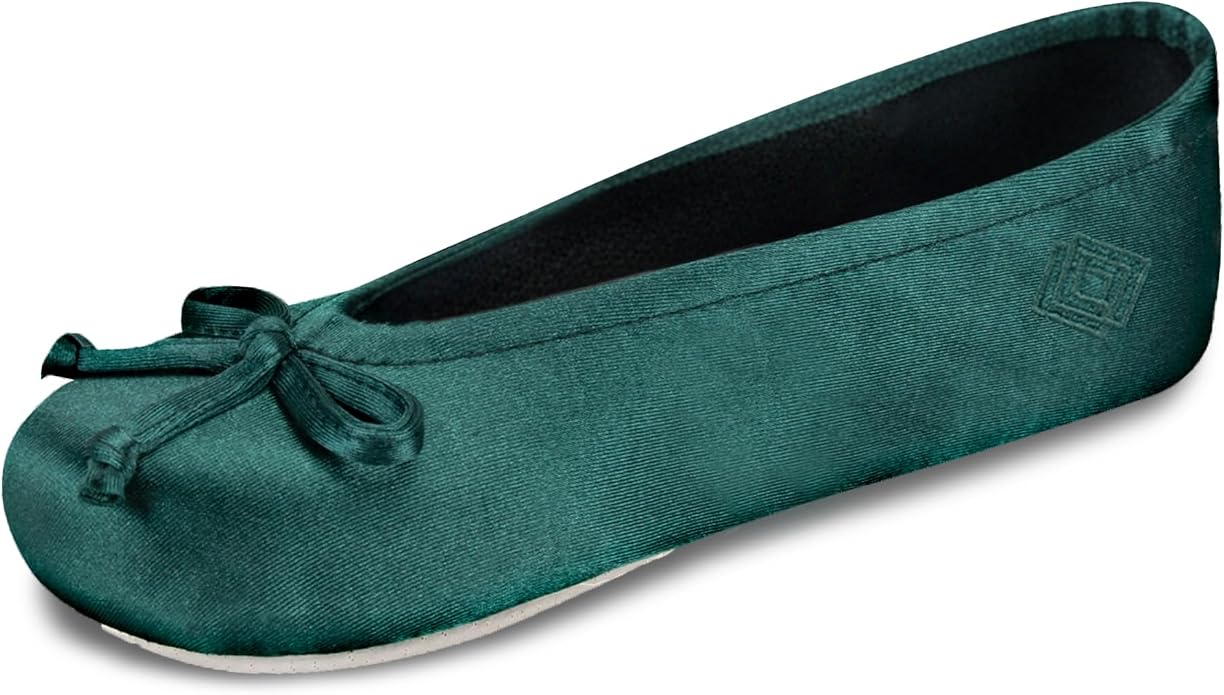 Isotoner Women's Satin Ballerina Slippers with Classic Ribbon Bow and Suede Sole
