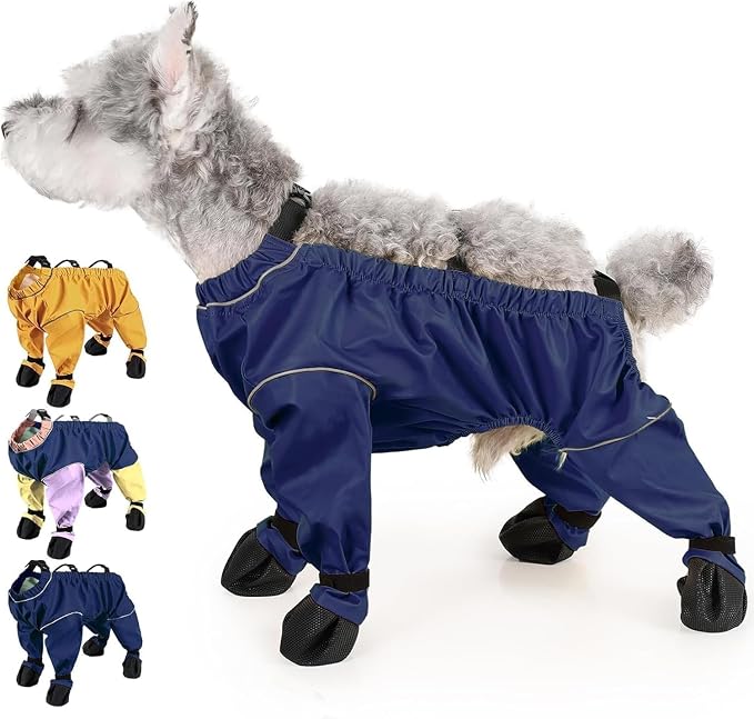 Waterproof Dog Boots Rain Boots with Suspender, Dogs Shoes Paw Protector for Small Medium Puppy, Anti-Slip Doggy Boot Belly Protector, Rain Booties Snow Pants Dogs Suspender Booties Leggings(XS,BLUEF)