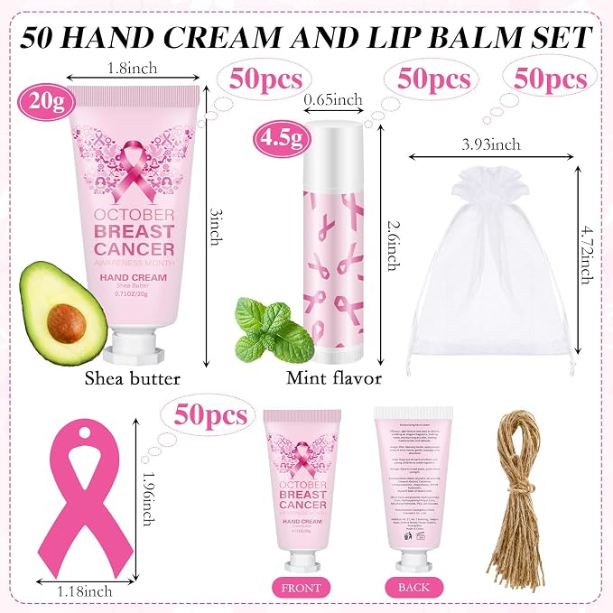 100 50 Set Breast Cancer Awareness Gifts Bulk Woman Ribbon Lip Balm Hand Cream Include 50 Lip Balm 50 Hand Cream 50 Bag 50 Tag Breast Cancer Awareness Month Items Survivors Offices