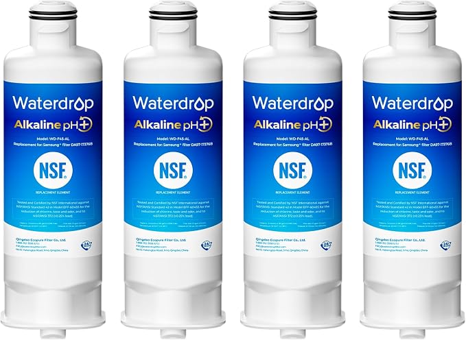 Waterdrop Alkaline WD-F45-AL Refrigerator Water Filter, Replacement for Samsung® DA97-17376B HAF-QIN/EXP, DA97-08006C, RF28R7201SR, RF28R7351SG, Enhances pH, 4 Pack