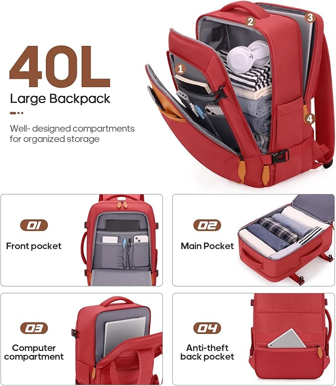 UKEIN Luggage Sets 3 Piece, PC Hardside Large Luggage 24 Inch With Spinner Wheels with TSA Lock, Carry On Suitcase Set With Travel Backpack for Men (Red, 3 piece set (24inch))