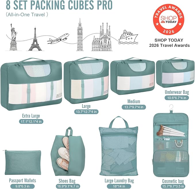 Veken 8 Set Packing Cubes for Travel Essentials, Suitcase Organizer Bags in 4 Sizes, Carry-On Luggage Accessories with Large Laundry Bag & Passport Holder, Must-Have for Airplane, Road Trip & Camping