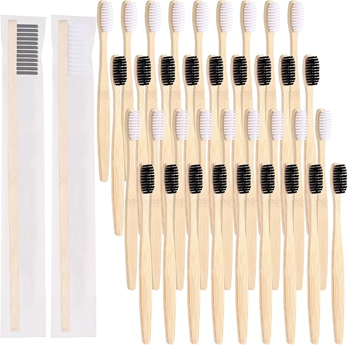 Vesici 400 Pcs Bamboo Toothbrushes Bulk Soft Bristles Toothbrushes with Micro Fur Wooden Bamboo Teeth Brush Manual for Adults Travel Family Hotel Individually Packaged (Black,White)