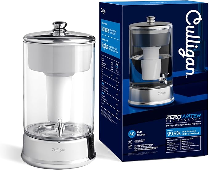 Culligan with ZeroWater Technology 40-Cup Glass Water Filter Dispenser – Includes 5-Stage Advanced Water Filter, Certified to Reduce Lead, Total PFAS (Forever Chemicals), Fluoride, and Chlorine
