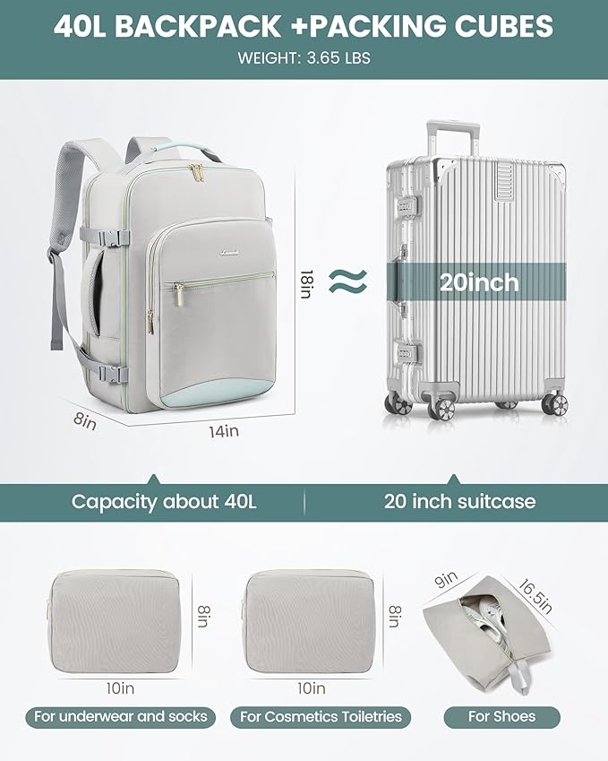 LOVEVOOK 40L Travel Backpack Flight Approved Carry on Backpack,3 Packing Cubes,Waterproof Personal Item Travel Bag,TSA Carry on Luggage Suitcase Travel Essentials,Gifts for Women & Men,fits 17" Laptop