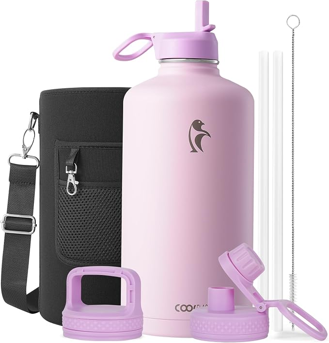 Coolflask 128 oz Gallon Water Bottle Insulated with Straw&3 Lids, Water Jug Large Stainless Steel Metal Vacuum Wide Mouth for Sports, Gym or Office, Non-BPA Keep Cold 48H Hot 24H, Pink