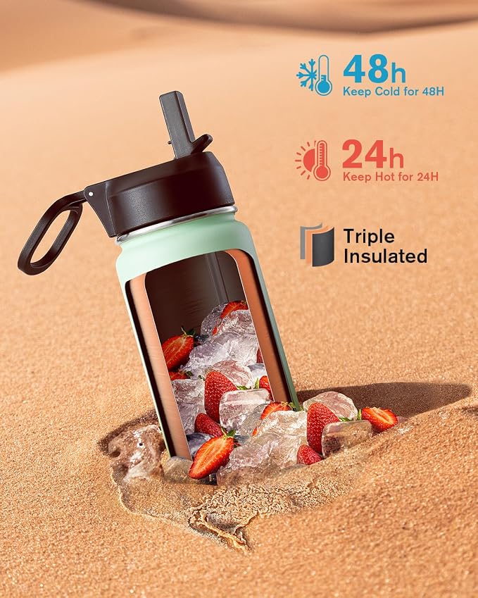 Coolflask Water Bottle 20 oz Insulated with Straw, Stainless Steel Metal 3 Lids Water Flask Wide Mouth for Sports or Office, Non-BPA Keep Cold Up to 48 Hrs or Hot Up to 24 Hrs, Ombre Green
