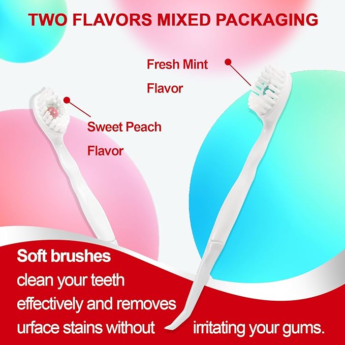 Mini Disposable Toothbrushes with Toothpaste and Toothpick, Tongue Cleaners, Reduce Bad Breath, Tongue Scraper, Prepasted Toothbrush, Pick for Work or Travel (Peach, 20pcs)