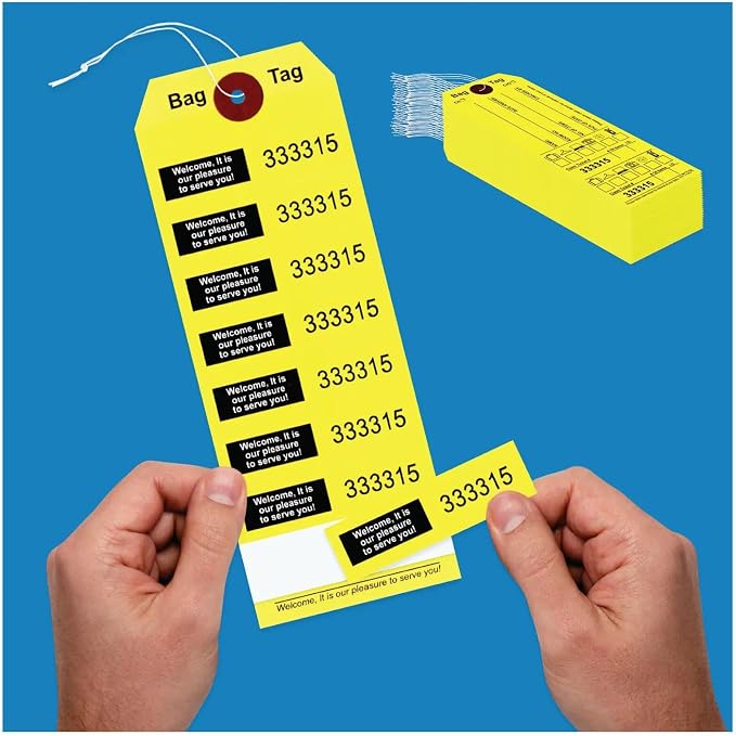 Luggage Claim Tags with String Attached, Consecutively Numbered, with Luggage Images, Bag Stickers, Claim Ticket - Bag Tags for Hotel and Motel Bag Storage. Size: 6 3/4" (H) x 2 1/2" (W). 1000 Tags.