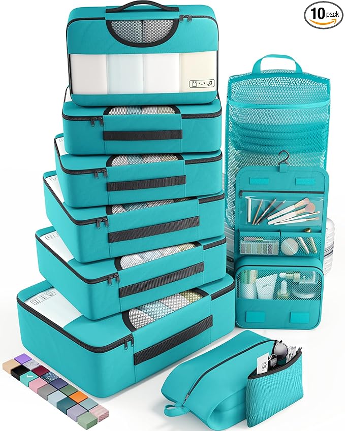 Veken 10 Set Packing Cubes for Travel Essentials, Suitcase Organizer Bags in 4 Sizes, Carry-On Luggage Accessories with Large Laundry Bag & Passport Holder, Must-Have for Airplane, Road Trip & Camping