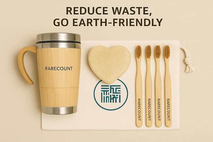 Eco Friendly Bamboo Coffee Tumbler Gift Set - Reusable Travel Mug with Lid, Insulated Stainless Steel Cup, Loofah Sponge & 5 Bamboo Toothbrushes, Sustainable Zero Waste Kit