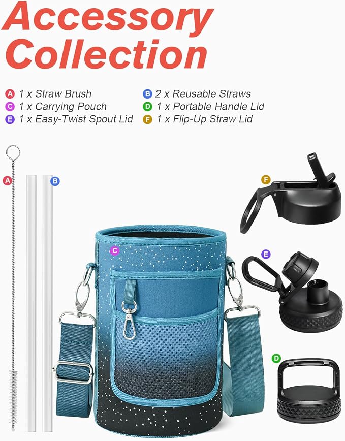 Coolflask 64 oz Water Bottle Insulated with Straw&3 Lids, Half Gallon Water Jug Galaxy Large Metal Stainless Steel Vacuum Flask for Gym, Sports and Travel, Keep Cold 48H Hot 24H,Turquoise