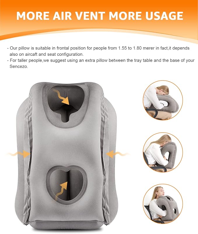 Sunany Travel Pillow, Inflatable Neck Pillow Used for Airplanes/Cars/Buses/Trains/Office Napping with Eye Mask/Earplugs (Gray)