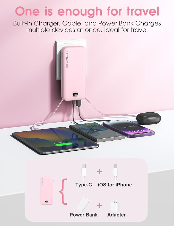 citicr Portable Charger 10000mAh PD20W w/Built-in Cables & Wall Plug Pink | Fast charging, Built-in wall plug, LED display, Charge 5 devices at once, Pass through charging, TSA approved, Pocket size