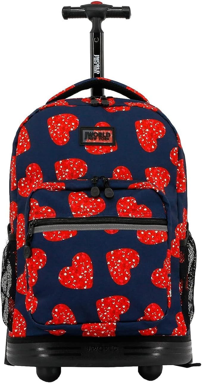 J World Sunrise Kids Rolling Backpack for Girls Boys. Roller Bookbag With Wheels For School, Love Spangle