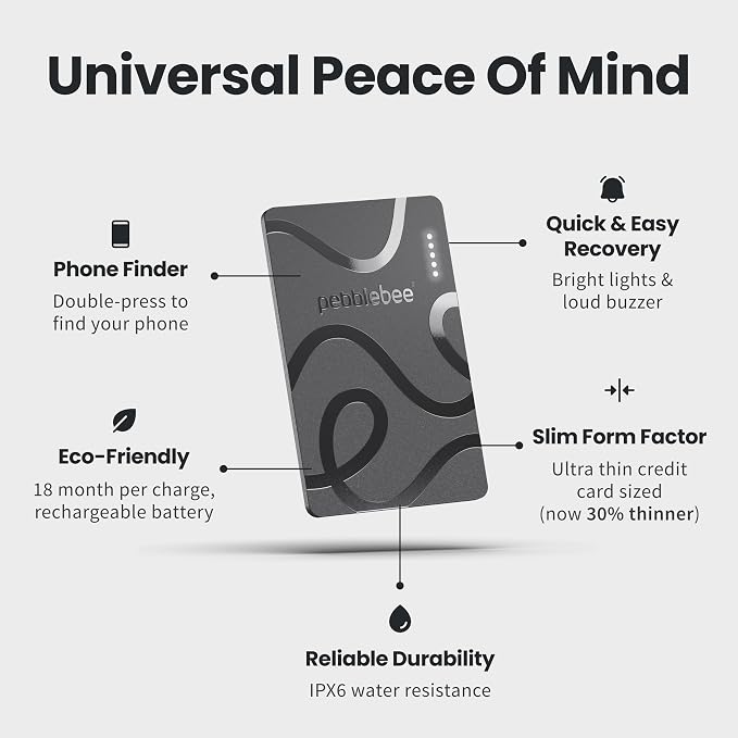 Pebblebee Card 5 | Rechargeable Bluetooth Wallet Tracker Card | Thin Eco-Friendly Alternative Tracking Card to Air Tag & Android Tracker | 18-Month Battery | Inbuilt Link Scan-to-Return & Phone Finder