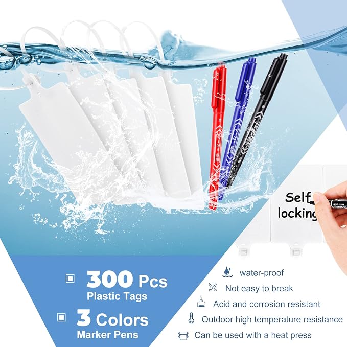 Yexiya 300 Pcs Plastic Tags Seals Shipping Label 255 mm Total Length Waterproof Plastic Hanging Tags and 3 Color Marker Pen for Logistics Ship Luggage Labeling Fastener(White)