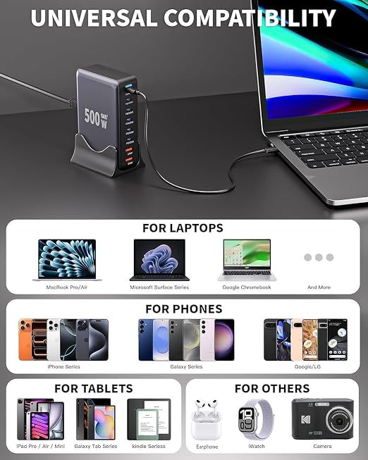 500W USB C Charger Block Charging Station,GaN3 8-Port Fast Charger Block with Dual PD 100W USBC Fast Charging Station Desktop Hub Compatible with iPhone 17 16 15 14/Pro Max/MacBook Pro/Air/iPad(White)