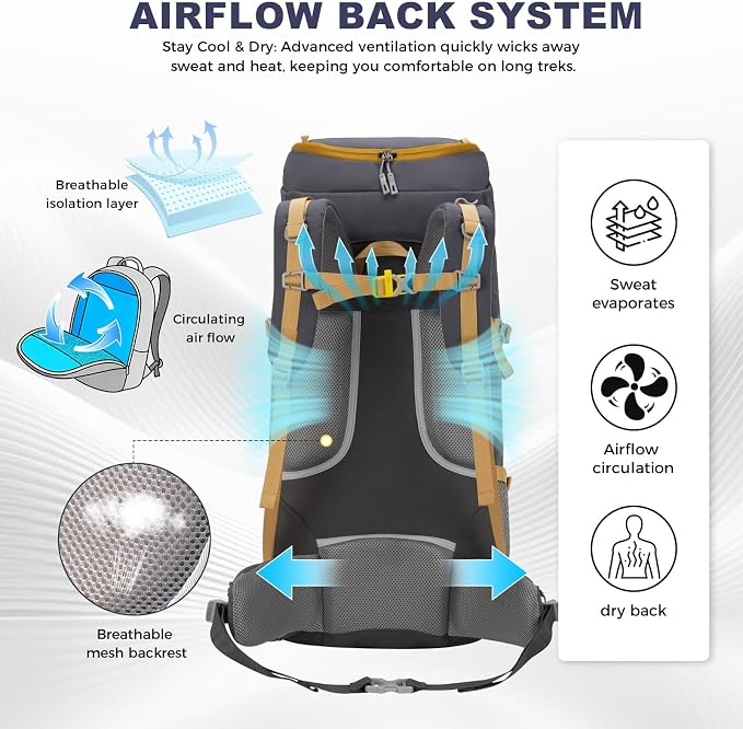 Bseash 65L Waterproof Hiking Camping Backpack with Rain Cover, Outdoor Sport Travel Daypack for Climbing Touring (Gray)