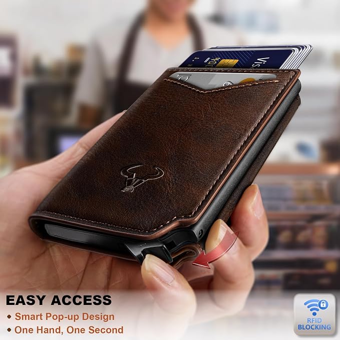 BULLIANT Men Wallet Leather Wallet Card Holders Money Clip for Men 10Cards-Magnetic Flip on Metal Case