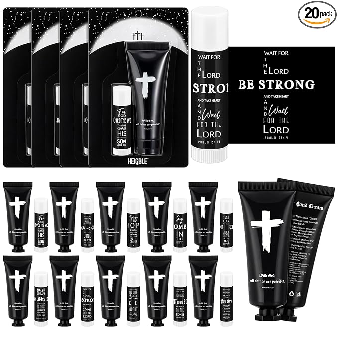10 Sets 20 Pcs Church Gift for Men Bulk Black Hand Cream and Lip Balm Religious Bible Verse Cedar Scent Lip Moisturizer Christian Appreciation Gift for Coworker Church Party Favor