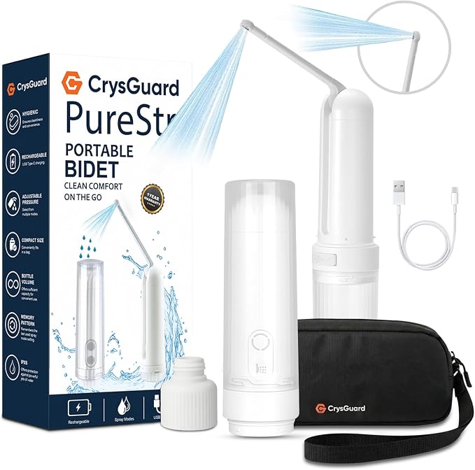 ( 180ml ) PureStream Portable Bidet for Travel – USB-C Rechargeable Handheld Sprayer with Bottle Adapter, 180° Foldable Nozzle, Adjustable Pressure Modes, Waterproof, for Men and Women (White)