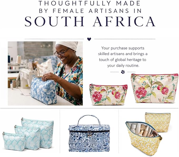 Jacaranda Living Small Cosmetic Bag - Water-Resistant, PVC-Lined, Compact & Travel Ready Make Up Bag, Easy to Clean - Floral Denim