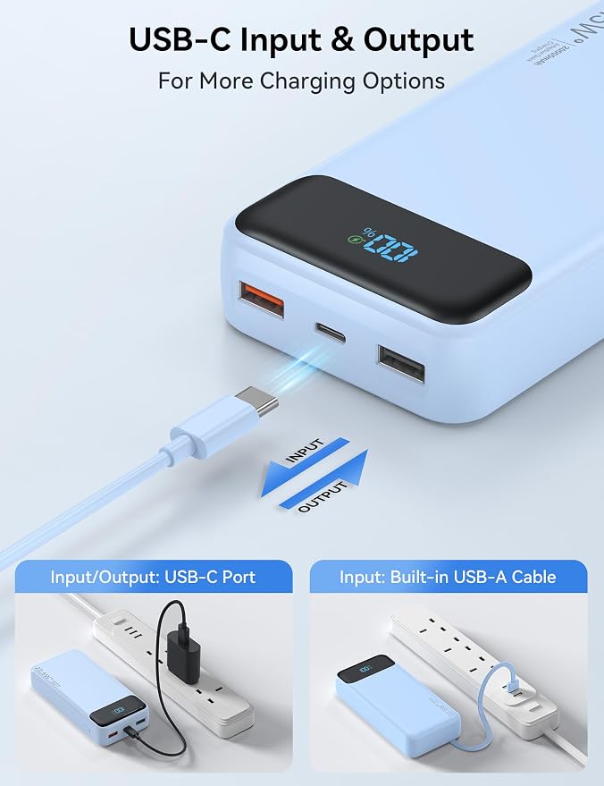 Nusyddy Portable Charger 20000mAh 22.5W w/4 Built-in Cables/6 Outputs Blue | High capacity, Fast Charge, LED Display, Pass Through Charging, Charge 6 Devices at once, TSA Approved, Fits iPhone, Samsung