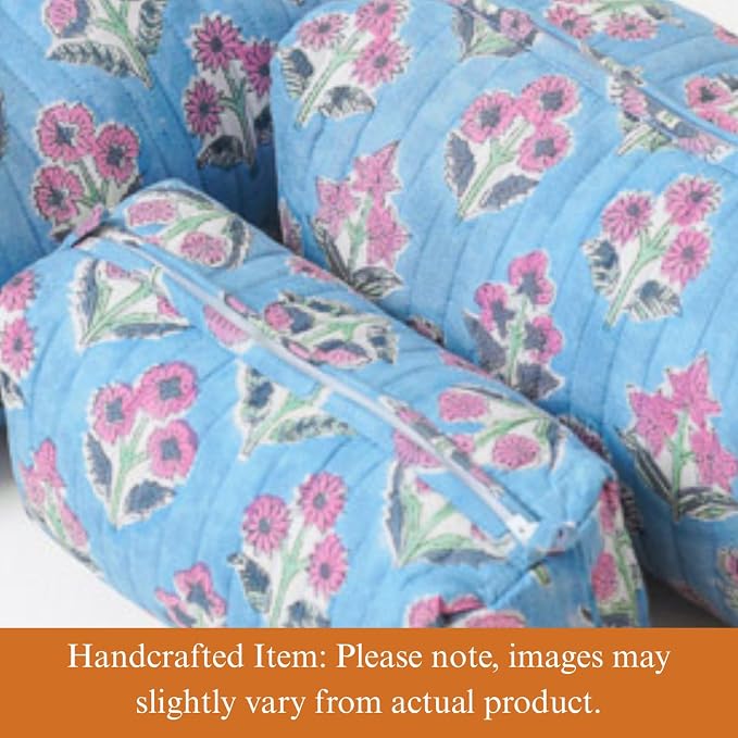 Saffron Marigold Quilted Makeup Bag Set of 3, Hand Block Printed Cotton Cosmetic Bags for Women, Waterproof Lined Travel Toiletry Bag, Coquette Floral Aesthetic, Handmade Gift, Denim Rose