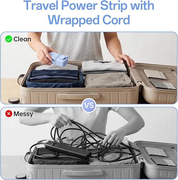 Travel Power Strip, SMALLRT Extension Cord with Multiple Outlets, 6.5FT Wrapped Extension Flat Plug Power Strip with 4 AC Outlets for Travel, Hotel, Cruise Approved, No Surge Protection, Blue