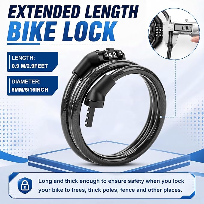 Bike Lock Cable with Combination, Coiled Preset Bike Lock High Security 4 Digit Bicycle Locks Anti Theft Bikes Accessories Black Bicycle Cable Locks, 5/6 Inch Diameter(10 Pcs,3 Feet)