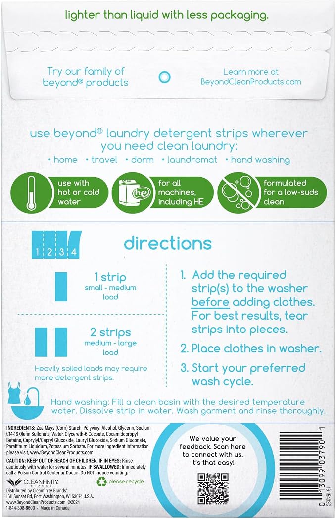 Beyond Laundry Detergent Strips [12 packs of 32 strips] - Free & Clear - Eco-friendly, Hypoallergenic. Travel friendly. Dissolvable Strips