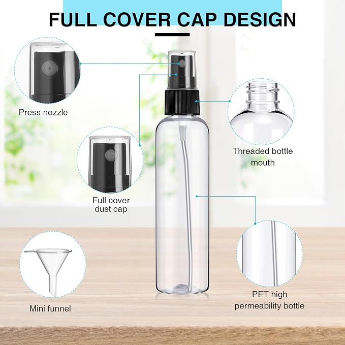 Layhit 100 Pcs 4 oz Small Spray Bottles Bulk, 120ml Clear Plastic Spray with 5 Pcs Small Funnels Mini Empty Fine Mist Bottles for Essential Oils Travel Perfumes