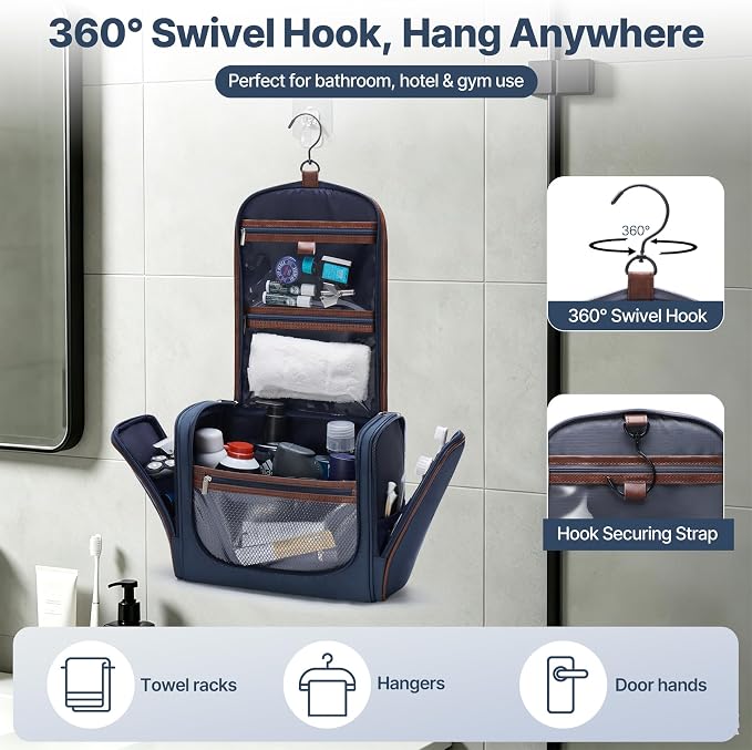 ZAHNI Hanging Toiletry Bag for Men with 360° Hook, Large Toiletry Travel Bag, Bathroom Shower Organizer for Shaving, Grooming & Toiletries_Navy