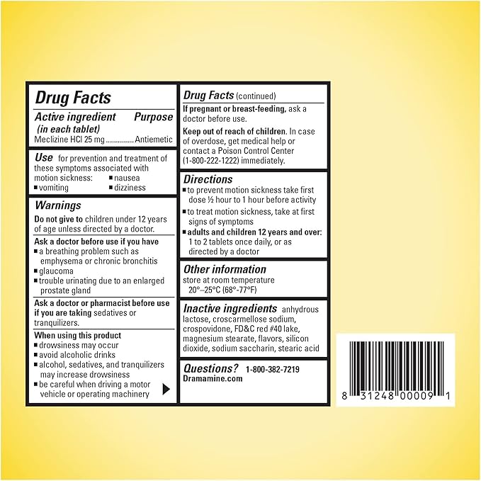 Dramamine Motion Sickness Less Drowsy, Chewables for Nausea Relief During Travel, Raspberry Cream Flavor, 12 Count, Pack of 2