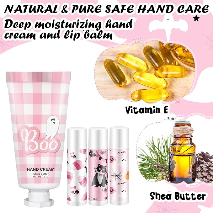 144 Pcs Halloween Lip Balms Hand Cream Sets Pink Supplies Including 36 Ghost Lip Balm and Moisturizing Hand Cream 36 Organza Bags Cards and Ropes for Team Accessories Party Thank You Gifts
